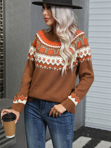 Pull en maille acrylique tricoté à la machine pour <span class=keywords><strong>femme</strong></span>, <span class=keywords><strong>col</strong></span> rond, motif Fair Isle citrouille, décontracté, pour le quotidien et les fêtes d'automne, personnalisable - Product Image 2