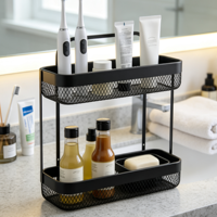 Panier de rangement mural à 2 niveaux en fil de fer avec poignées, organisateur moderne pour comptoir, idéal pour salle de bain, cuisine, épices et articles de toilette