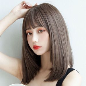 Perruque <span class=keywords><strong>mi</strong></span>-longue en fibre synthétique haute température, fabriquée à la machine, avec dentelle complète, réaliste, cheveux raides courts à la clavicule pour <span class=keywords><strong>femme</strong></span> - Product Image 3
