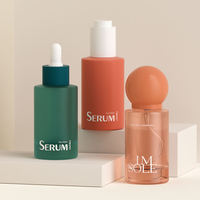 Flacon de sérum en verre givré de 50 ml, style 3-en-1, avec compte-gouttes, pompe et capuchon pulvérisateur sphérique, emballages cosmétiques vides, logo personnalisé