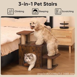 Cross-border wooden pet staircase with cat <b>scratching</b> <b>posts</b>, pet steps, indoor cat and dog climbing ladder for beds and sofas - Product Image 4