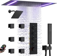 Système de douche thermostatique 4 fonctions en acier inoxydable brossé avec pommeau LED de plafond 14x20 pouces, pommeau mural 6 pouces et douchette à main