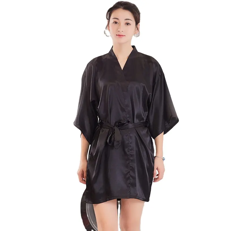 Custom Women Kimono Black Silk Nightgown Robe Short Silk Robe Luxury Satin Pajamas
