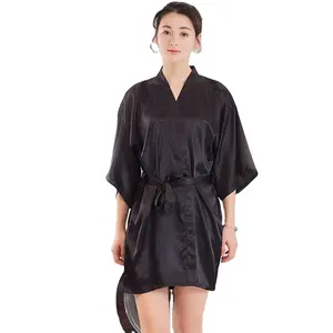 Custom Vrouwen Kimono Zwarte Zijde Nachtjapon Gewaad Korte Zijden Gewaad Luxe Satijnen Pyjama