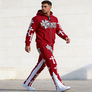 Ensemble de survêtement ODM en molleton de coton, coupe oversize et ample, avec sweat à capuche à épaules tombantes et pantalon de survêtement, fermeture éclair, délavé à l'acide et effet soleil. - Product Image 1