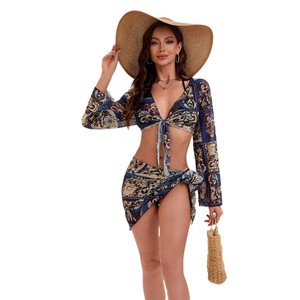 <span class=keywords><strong>Costume</strong></span> da bagno moda 4 pezzi con stampa retrò personalizzato Bikini Sexy <span class=keywords><strong>nero</strong></span> con <span class=keywords><strong>reggiseno</strong></span> Push-Up e infradito con decorazione di gioielli - Product Image 2