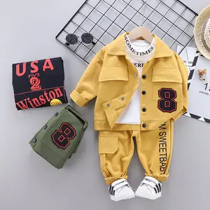 3pcs/set Children Black Dark Green Cargo Jacket overalls Sweatshirt Clothing For Spring Fall