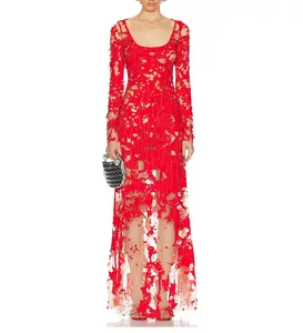 Robe de mariage rouge personnalisée à col en O et à manches longues en dentelle brodée de fleurs dans le dos, robe de soirée longue et ajustée pour femmes
