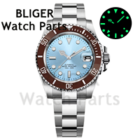 Montre de plongée analogique pour homme BLIGER Baby Blue Sunberst avec lunette en acier inoxydable, mouvement automatique NH35, étanche 100M, verre saphir