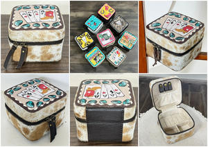 2026 Western Playing Cards Design <b>Hair</b> On Cowhide Leather Jewelry Cases Premium Hand Tooled Leather Zipper Travel Organizer <b>Box</b> - Product Image 3