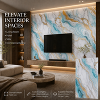 Panneau mural artistique MORLENX Aqua Blue Gold Flow UV en PVC imitation marbre pour projet d'aménagement de complexe hôtelier de luxe