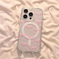 Coque de téléphone magnétique INS bleue et rose avec nœud pour iPhone 17 15 14 18 Pro Max, design créatif, coque arrière transparente antichoc