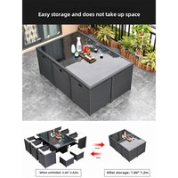 Ensemble de salle à manger d'extérieur pour jardin, balcon, terrasse, 11 pièces, meubles en osier noir, design compact avec chaises et tabourets rembourrés