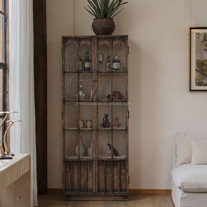 Vetrina Antica in Pino Stile Retrò con Vetro Antipolvere, Libreria in Legno Massello Stile Rustico Americano, Arredamento per Soggiorno e Hotel Personalizzabile - Product Image 1