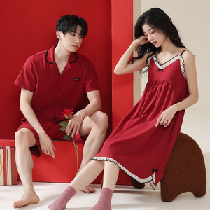 Pijamas de <span class=keywords><strong>Verano</strong></span> para Parejas, 100% Algodón, Camisón Sexy con <span class=keywords><strong>Tirantes</strong></span> en V para Mujer, con Relleno en el Pecho, Anti-Impactos, Rojo, Camiseta de Manga Tres Cuartos para <span class=keywords><strong>Hombre</strong></span>, para el Hogar - Product Image 1