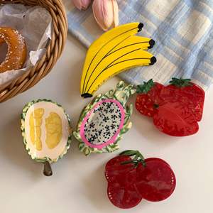 Presilhas de Cabelo Femininas Personalizadas Grandes e Divertidas, em Acetato, com Formatos de Banana, Durian, Cereja, Morango, Limão e Frutas, Estilo Alimento - Product Image 5