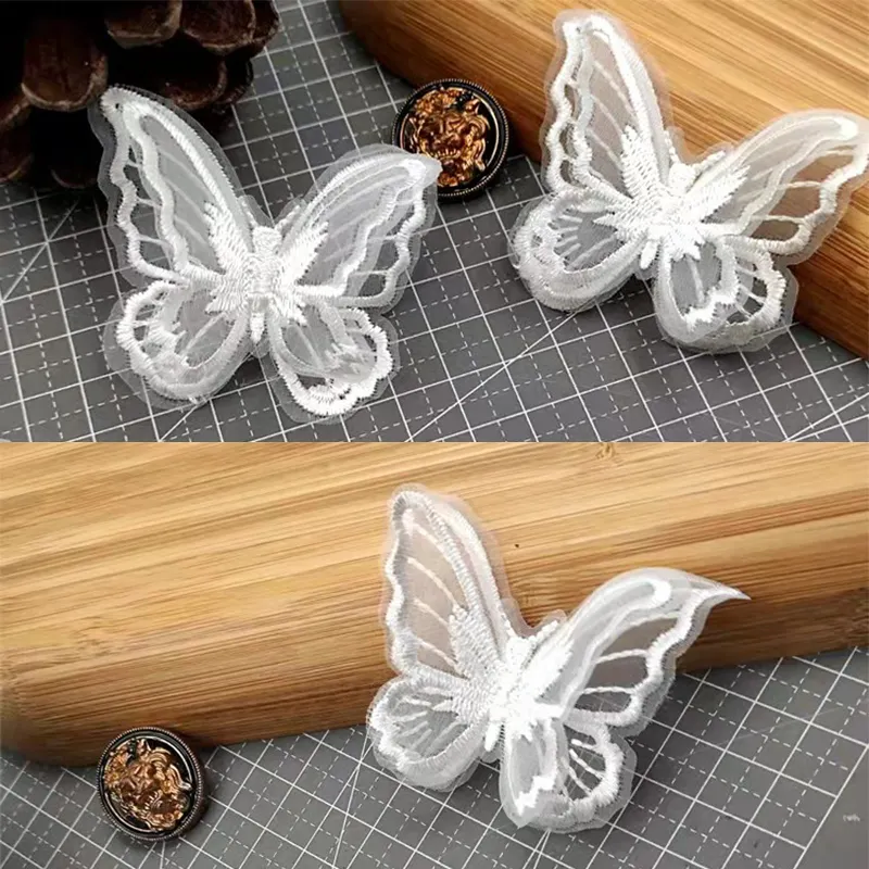 DIY çift katmanlı kelebek yamalar giyim özel konfeksiyon organze nakış düz kelebekler giysiler için etiket/elbise