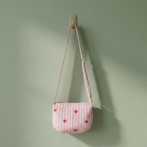 Bolso Bandolera de Algodón a Rayas con Apliques de Corazones Rojos, Correa Única, para Uso Diario, Moda Femenina, Venta al Por Mayor - Product Image 1