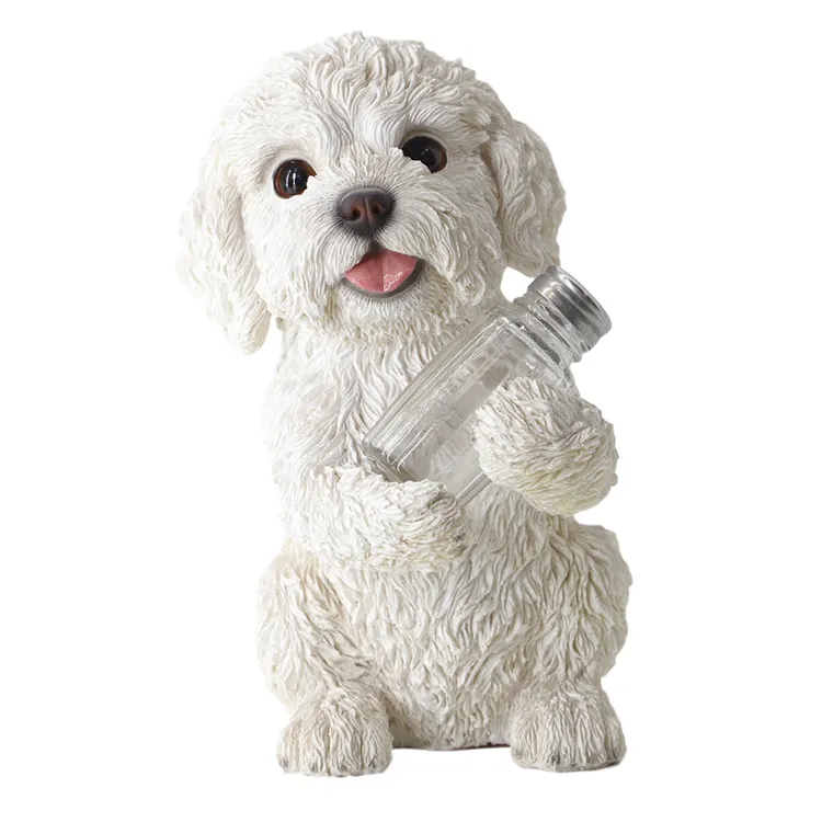 เรซินยืนจริงพุดเดิ้ลสุนัขขนาดเล็กรูปแกะสลัก,รูปปั้นสุนัขสีขาวสำหรับตกแต่งบ้านห้องครัว/