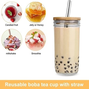 Herbruikbare glazen Mason <span class=keywords><strong>Jar</strong></span> beker met milieuvriendelijk bamboe deksel en gouden metalen rietje voor ijskoffie, bubble tea, smoothie, groothandel - Product Image 3