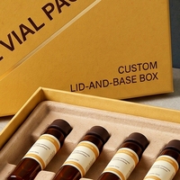 Boîte rigide en carton avec couvercle jaune personnalisé et insert en pulpe moulée pour flacons de peptides, 6 flacons, impression offset, logo estampé à chaud