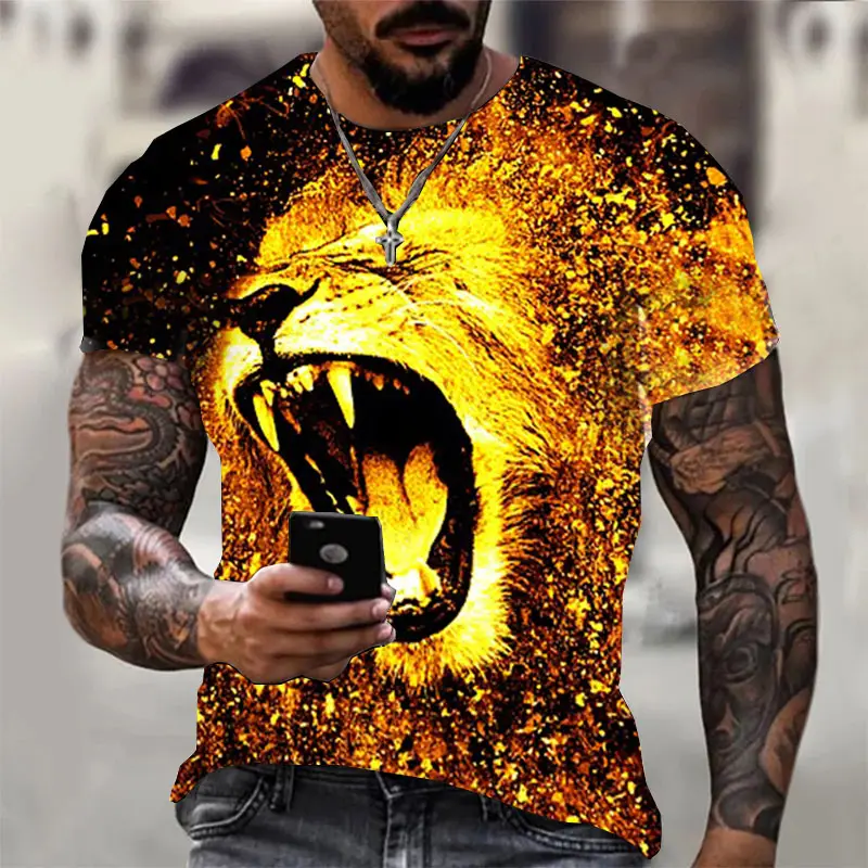 पुरुषों और महिलाओं 3D पशु दुनिया टाइगर शेर मुद्रित टी शर्ट फैशनेबल दौर गर्दन लघु आस्तीन स्ट्रीट कपड़े हिप-हॉप टी शर्ट