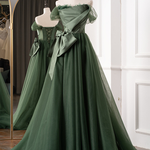 Robes de mariée Jancember Rl136 élégantes en organza vert à col bateau avec nœud et lacets - Product Image 1