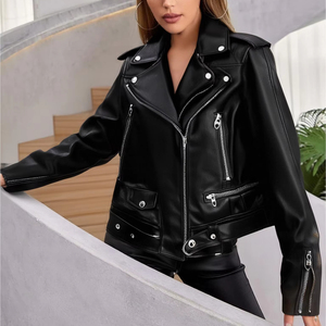 Nuova Giacca da <span class=keywords><strong>Donna</strong></span> in Ecopelle PU con Cerniera Corta Primavera Autunno Nera Slim Casual - Product Image 1