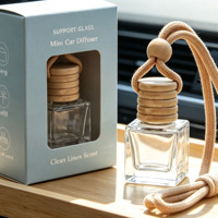 En stock – Flacon diffuseur de parfum carré suspendu pour voiture, 8 ml, vide, en verre, avec bouchon en bois et cordon en cuir – Vente en gros