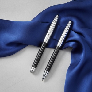 Black Leather Wrapped Rollerball Ballpoint <b>Pen</b> Set with <b>White</b> Stitching Polished Silver-Tone Metal Trim for Custom Logo Executi - Product Image 5