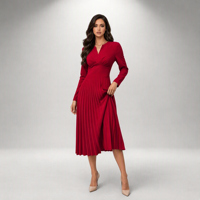 Robe midi trapèze à col en V et manches longues pour femme, avec ourlet plissé, en polyester uni, style décontracté chic pour l'automne, design élégant