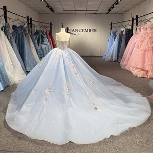 6938 Sky Blue Off Shoulder Tulle Gown Pearl Beaded Bodice Layered Tulle Skirt Ready For Ceremony - Product Image 3