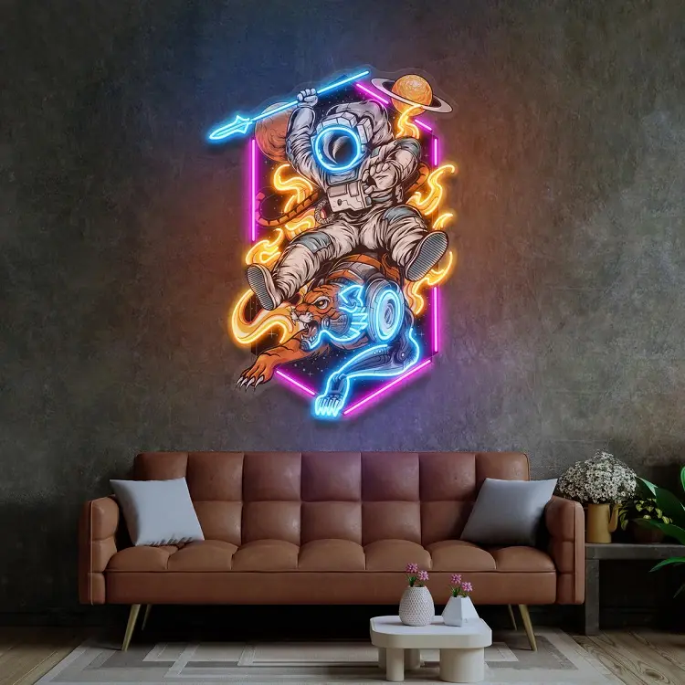 Unique Design Anime Neon Sign Astronaut Riding Tiger Led Neon Acrylic Artwork Led Lights for Gift Bedroom