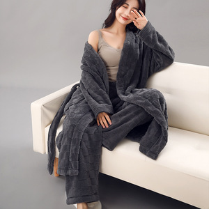 Conjunto de Bata de Tafetán con Cuello Alto y Manga Larga, Forro Polar Grueso, Ropa de Dormir para Mujer, Ropa de Estar para Parejas, Talla Única - Product Image 4