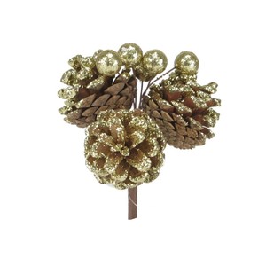 Rama de Piñas y Bayas Artificiales de Pino, Color Natural y con Brillo Dorado, 21x10cm - Product Image 1