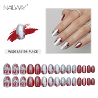 Ongles artificiels en gel souple Nailway, 30 pièces, 15 tailles, motif de fleurs rouges, effet œil de chat, forme amande, ongles à presser