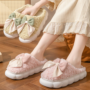 Pantuflas Peludas con Lazo para Mujer, Cálidas, con Suela Gruesa, para Uso en Interiores, Cuidado Postparto, Otoño Invierno, Color Sólido, Fáciles de Poner - Product Image 1