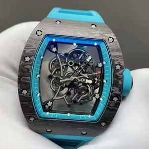 Blue and <b>Black</b> Color-blocked Skeletonized Tonneau-shaped <b>Watch</b> with Carbon Fiber case and Blue Strap - Men's Wristwatch - Product Image 3