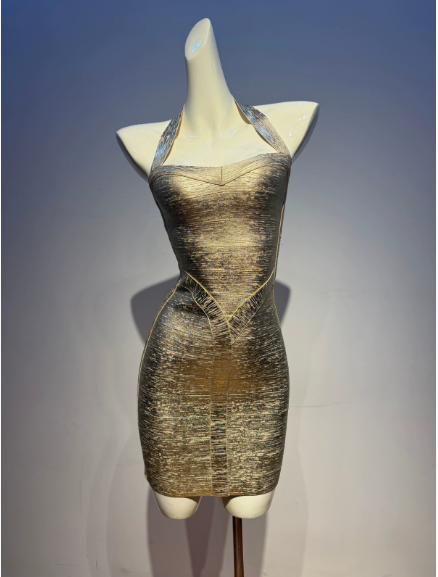 herve leger gold bandage dress Pre-owned Hever Leger Olya Foil Print Knotted Bandage Dress – Sabrina's  Closet main image 0