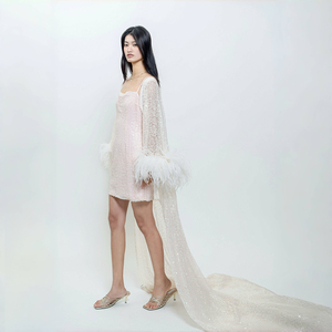 Màu Hồng Sequins đà điểu tóc Nàng tiên cá Váy Cưới Đuôi Dài áo choàng cô dâu với các tùy chọn tùy biến Chiều dài sàn salwar kameez - Product Image 2