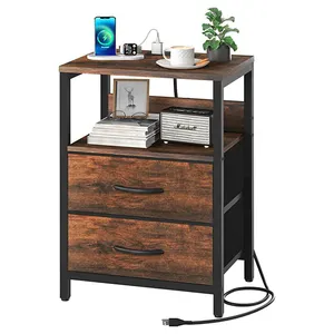 Small Night Stand with Fabric Drawers and Storage Shelf for Bedrooms Nightstand with Charging Station USB Ports Bedside Table