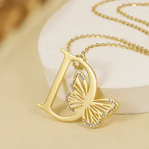 Impermeable 18K oro Acero inoxidable joyería diamante mariposa colgante inicial Collar para mujer