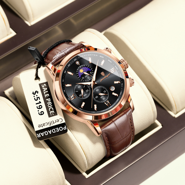 POEDAGAR New Men Watch Leather Luminous Quartz Wristwatch Waterproof Chronograph Sports Watch for Men