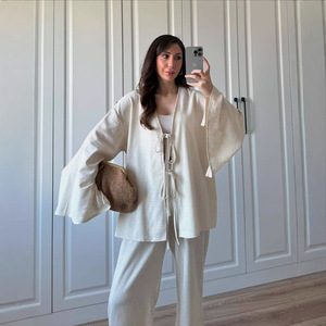 R-477 Middle Eastern Arabian Dubai Elegant New Fashionable Loose Long Sleeve Linen Lace <strong>up</strong> <strong>Dress</strong> <strong>Women's</strong> - Product Image 1