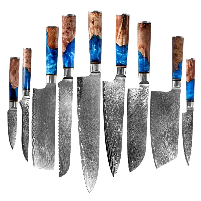 Damaskus 8 "Kochmesser VG10 67 Schichten Kohlenstoffs tahl Japanische Küchen sets Messer mit blauem Harz griff