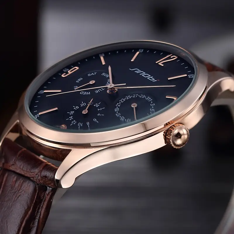 SINOBI Business Mens Luxury Watch Leather Band Wristwatch Sub-dials Wrist Watch Quartz Watches S9546G Montre