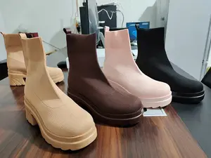 Sepatu bot Wanita hak tebal, sepatu bot Platform sol karet nyaman Fly Woven mode baru 2023