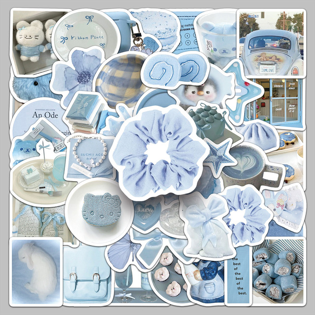 Light Blue INS Waterproof Stickers 50 Sheets Decor For Phone Laptop Tablet Earphones