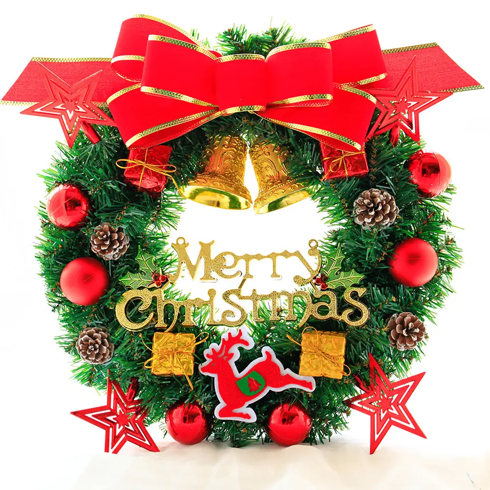 2023 New Christmas Wreath Door Hanging Outdoor Home Decorative Creative Red Bowknot Garland Bell Christmas Wreath For Front Door