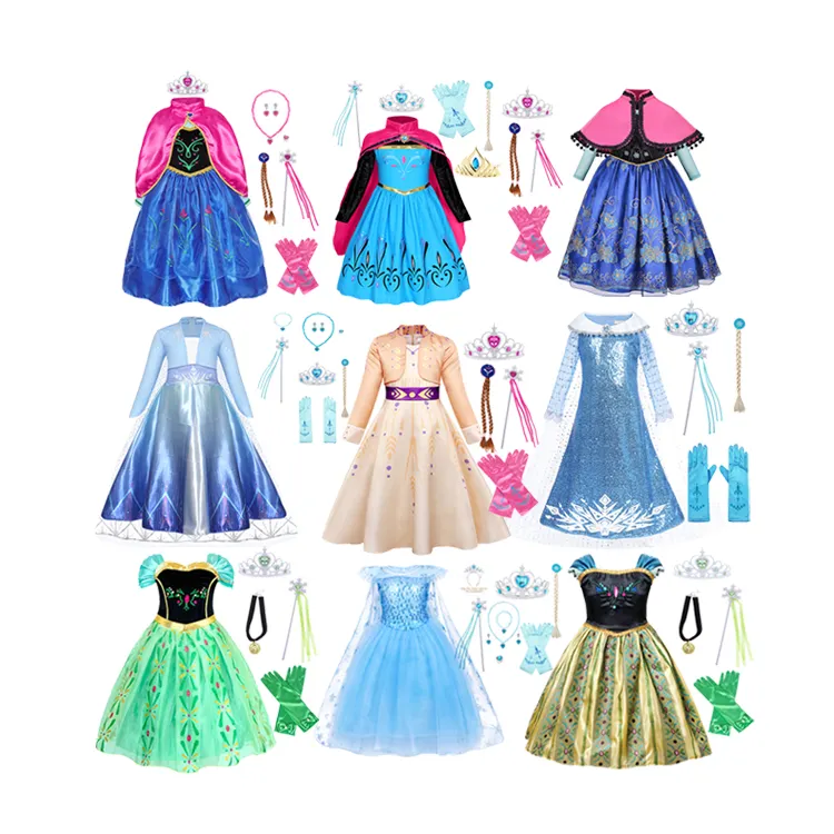 Pretty 2 Elsa Anna Halloween Cosplay Birthday Party Fancy Dress Up Baby Girls TV Movie Costume Kids Wear with Accessories